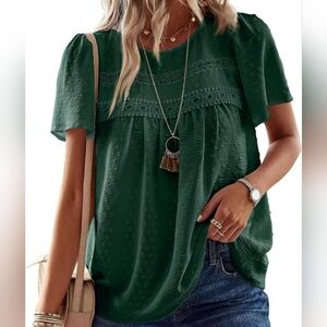 Falwchay || XL Dark Green Boho Flowy Short Sleeve Blouse NWOT